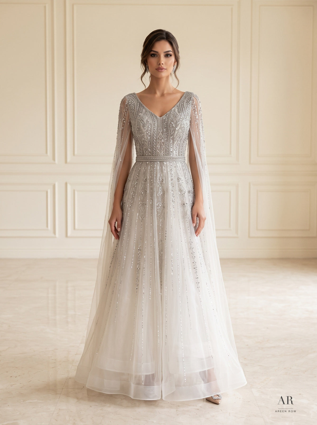 Jessamine silver beaded a-line cape evening gown by Areen Row
