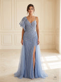 Jolie asymmetrical beaded slit sheath evening gown by Areen Row, front view