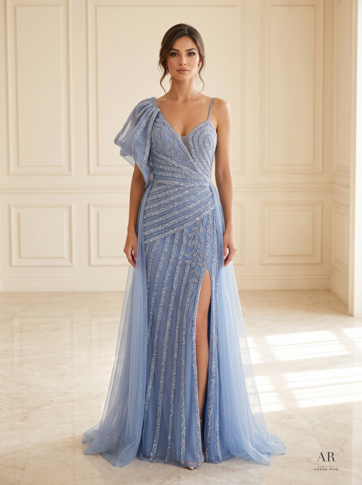 Jolie asymmetrical beaded slit sheath evening gown by Areen Row, front view