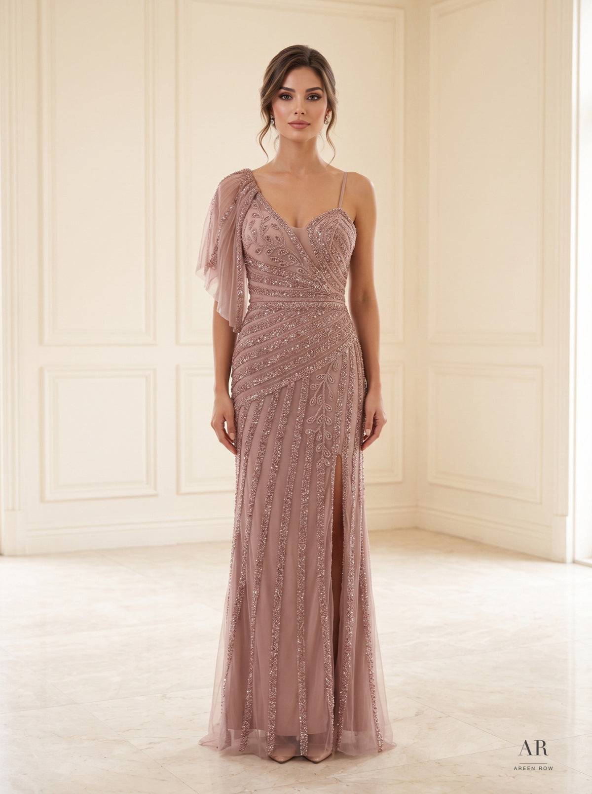 Jolie asymmetrical beaded slit sheath evening gown by Areen Row, detail view