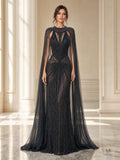 Josephine charcoal charcoal beaded illusion cape column evening gown by Areen Row