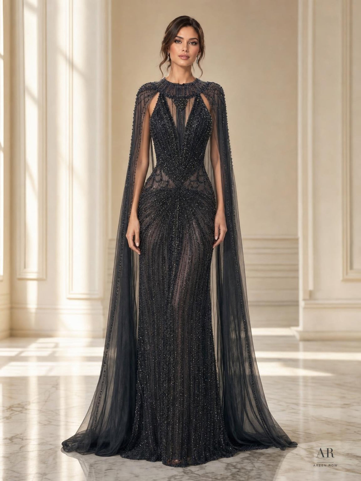 Josephine charcoal charcoal beaded illusion cape column evening gown by Areen Row