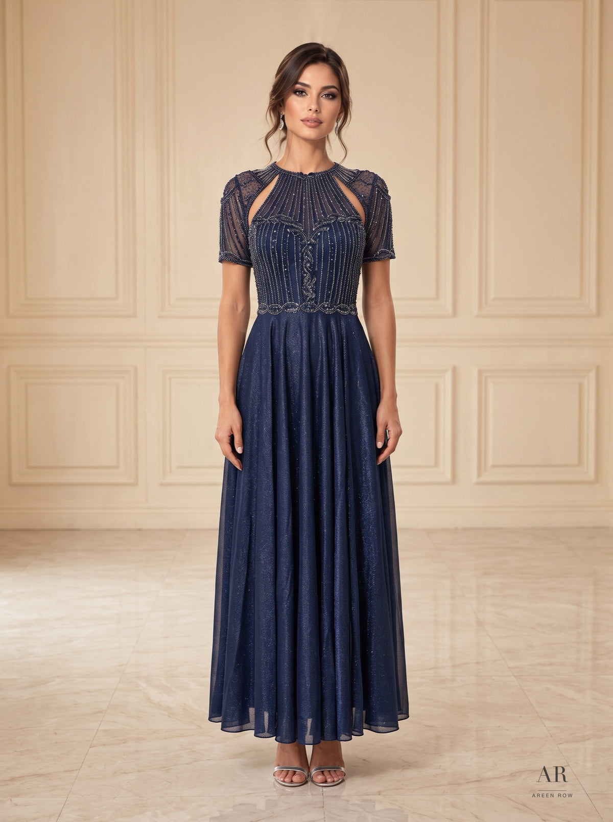 Juliette beaded illusion high-neck a-line evening gown by Areen Row, front view