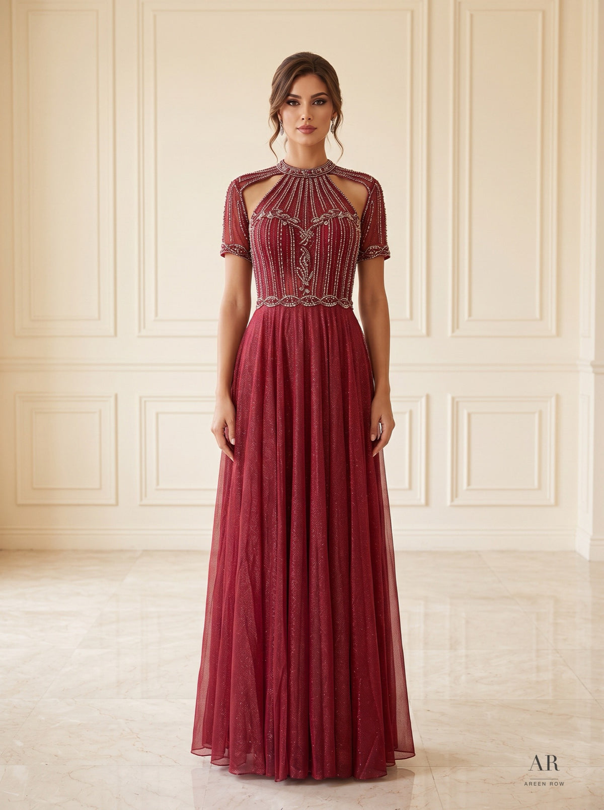 Juliette beaded illusion high-neck a-line evening gown by Areen Row, detail view