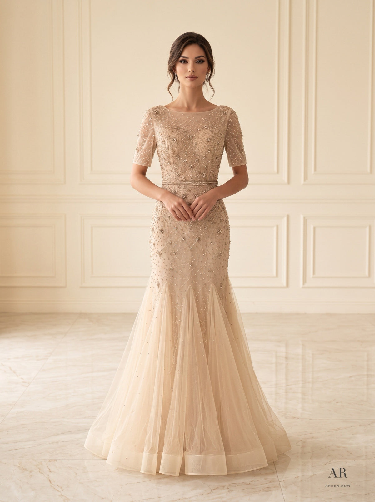 Kalina beaded illusion trumpet wedding dress by Areen Row, front view