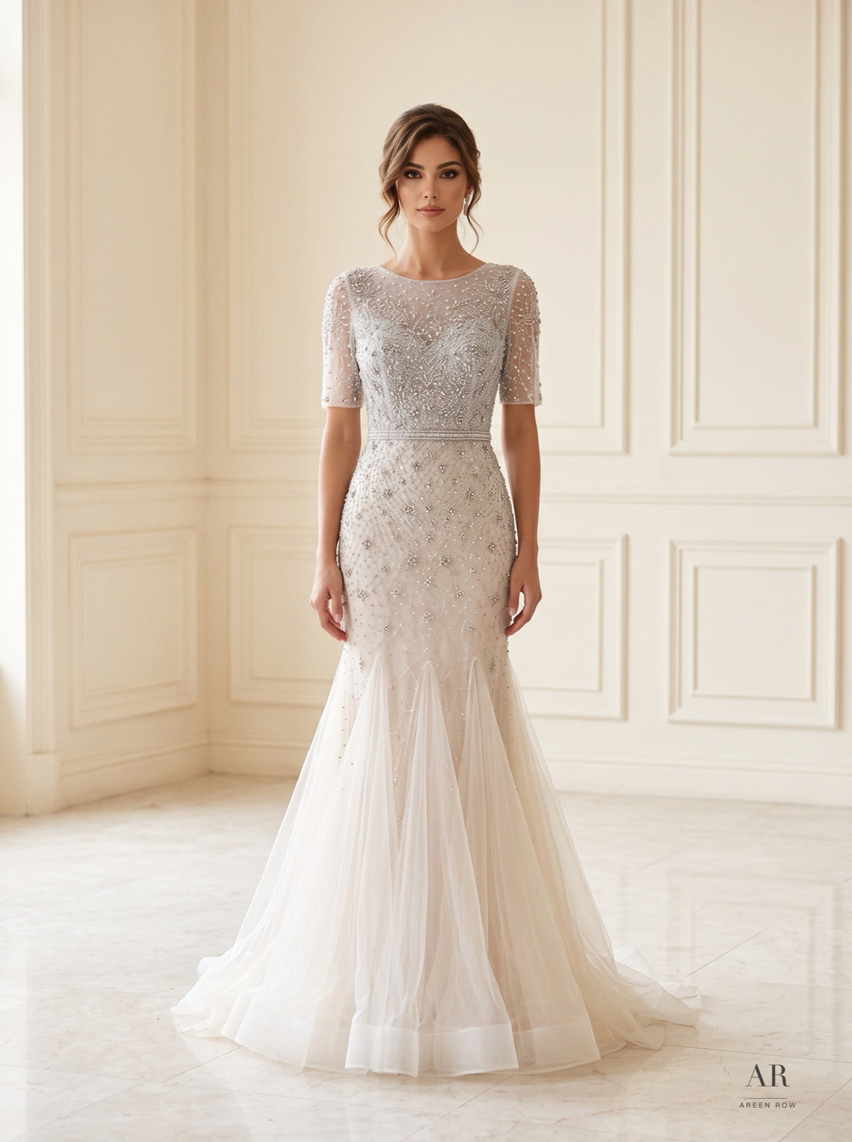 Kalina beaded illusion trumpet wedding dress by Areen Row, detail view