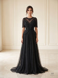 Kamila beaded illusion peplum a-line evening gown by Areen Row, front view