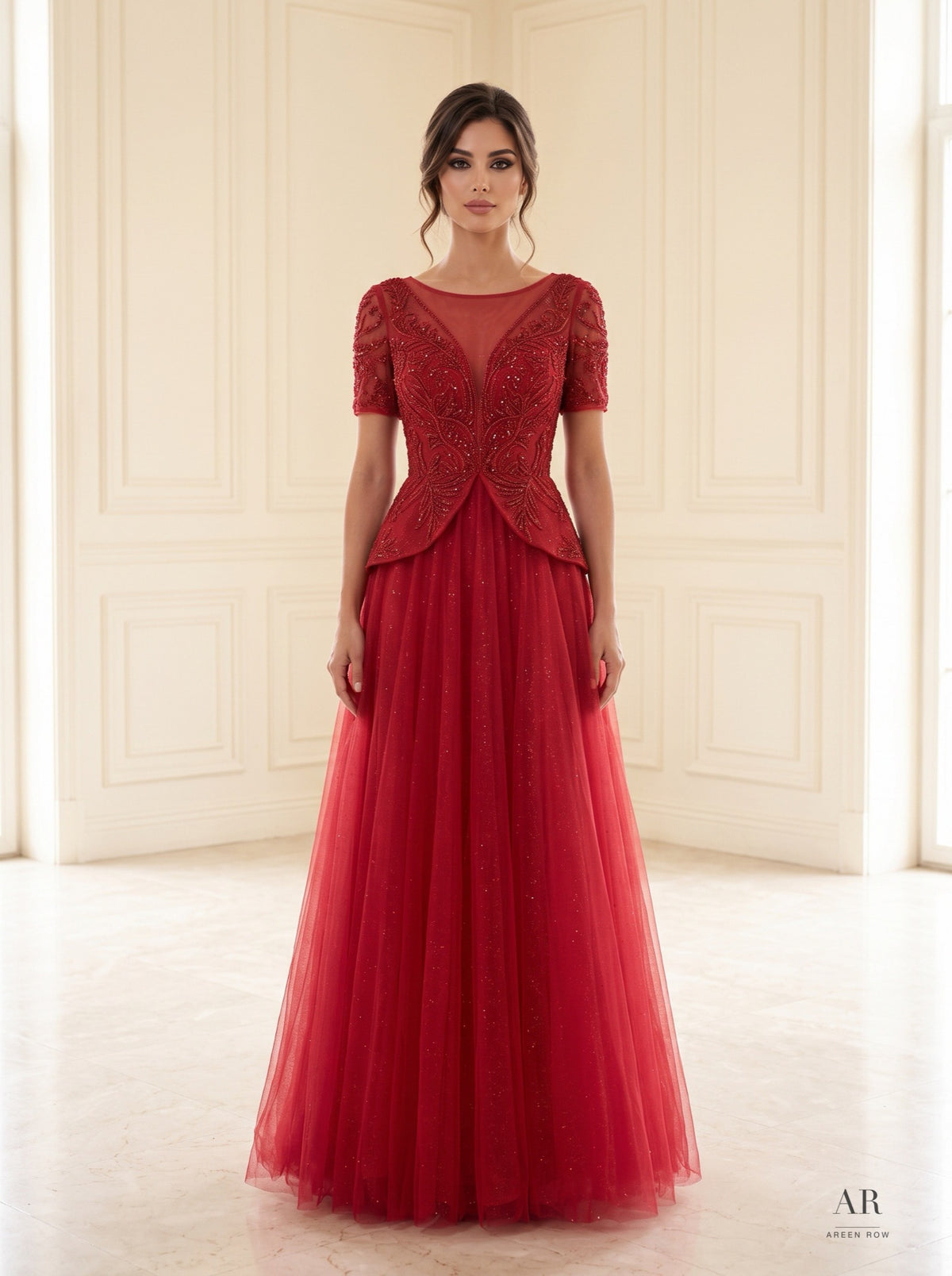 Kamila beaded illusion peplum a-line evening gown by Areen Row, detail view