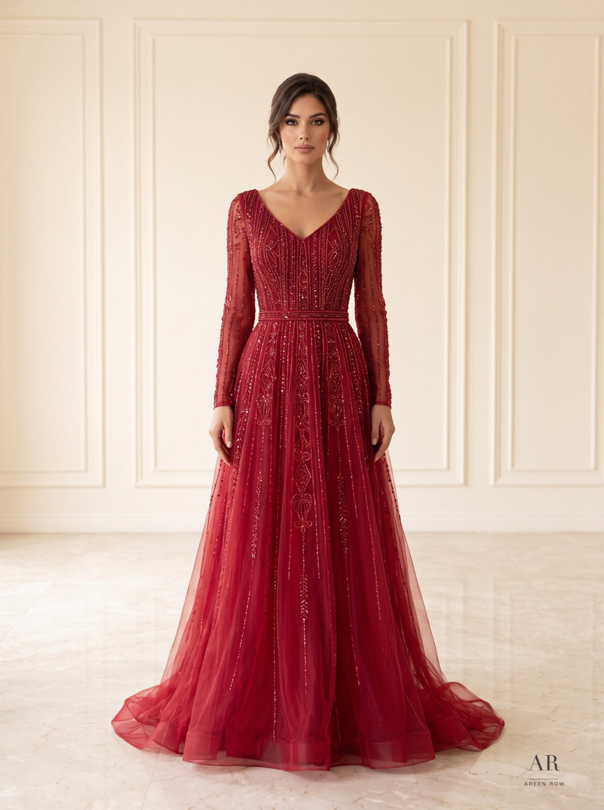 Katya burgundy beaded tulle a-line evening gown by Areen Row