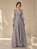 Kiara lavender gray embellished illusion puffed a-line evening gown by Areen Row