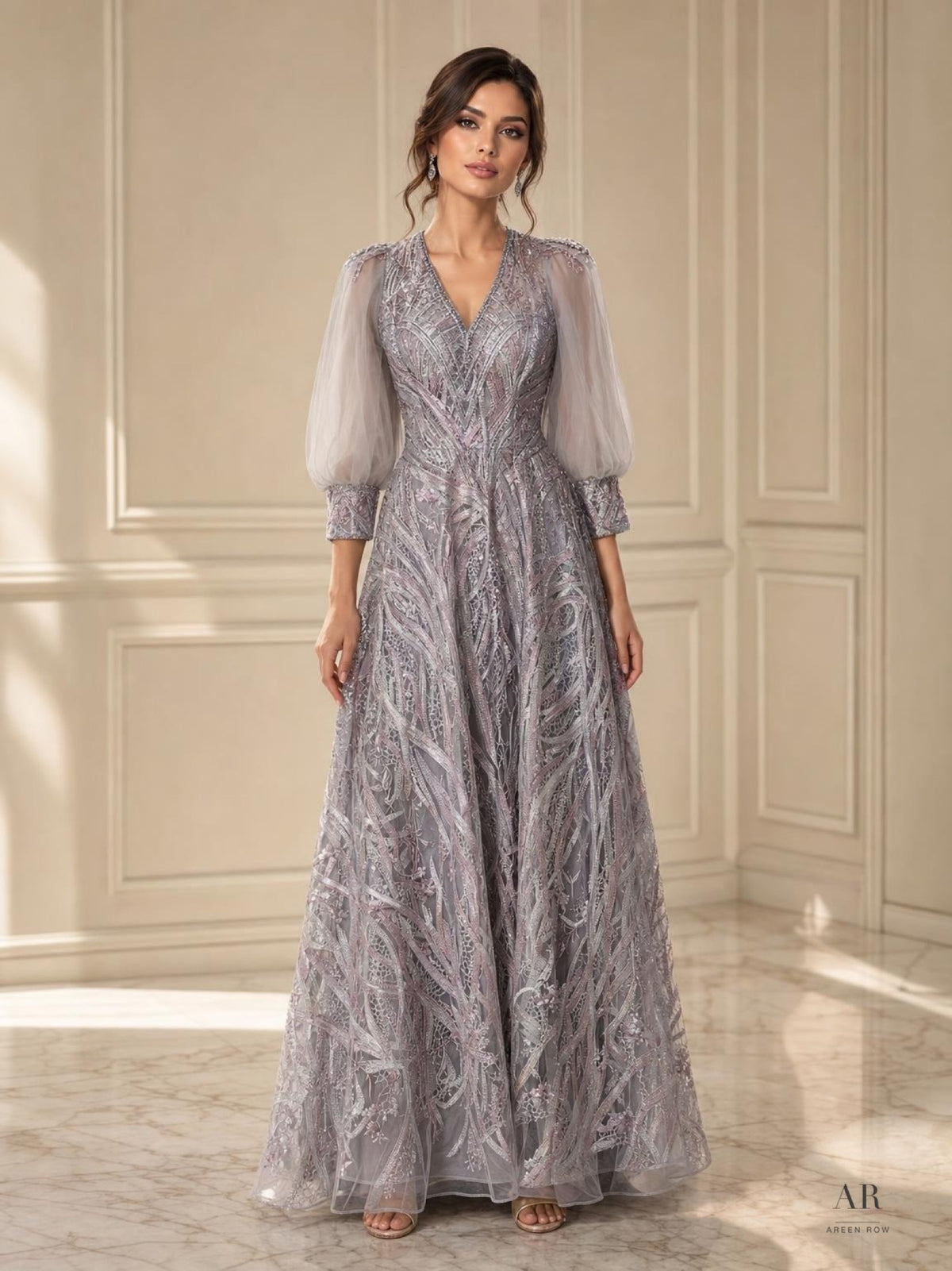 Kiara lavender gray embellished illusion puffed a-line evening gown by Areen Row
