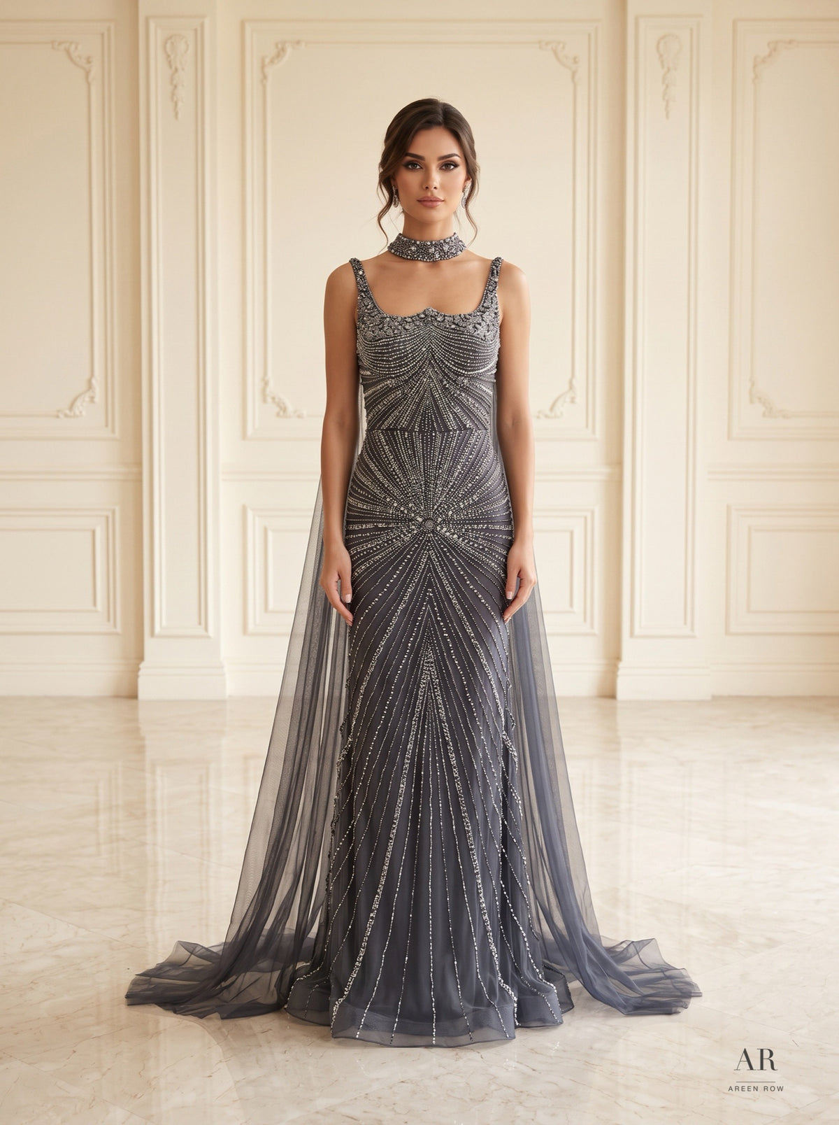 Lana art deco beaded sheath evening gown by Areen Row, detail view