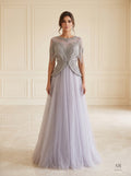 Larissa beaded peplum a-line evening gown by Areen Row, front view