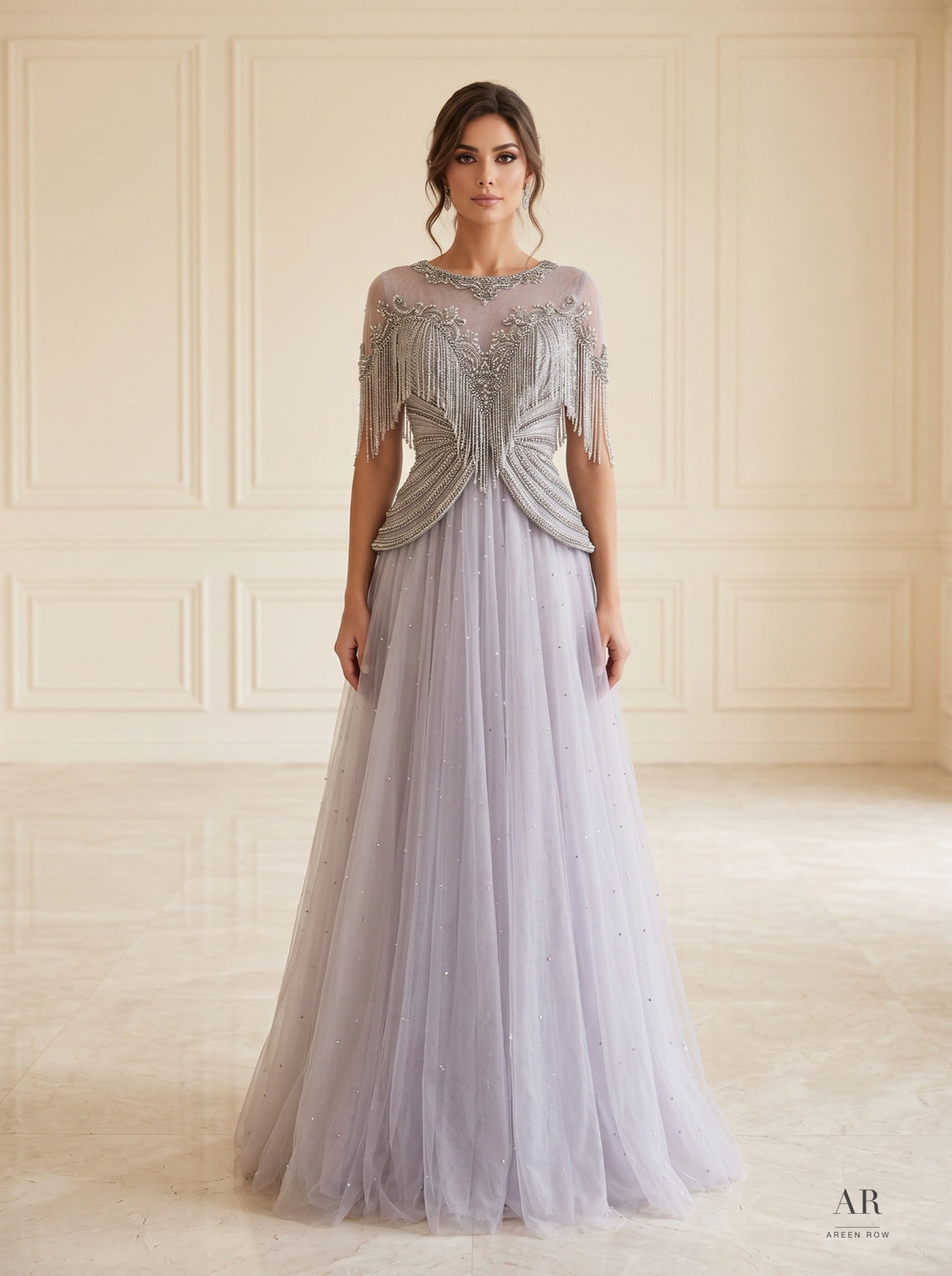 Larissa beaded peplum a-line evening gown by Areen Row, front view
