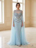 Leila beaded illusion cape sheath evening gown by Areen Row, front view