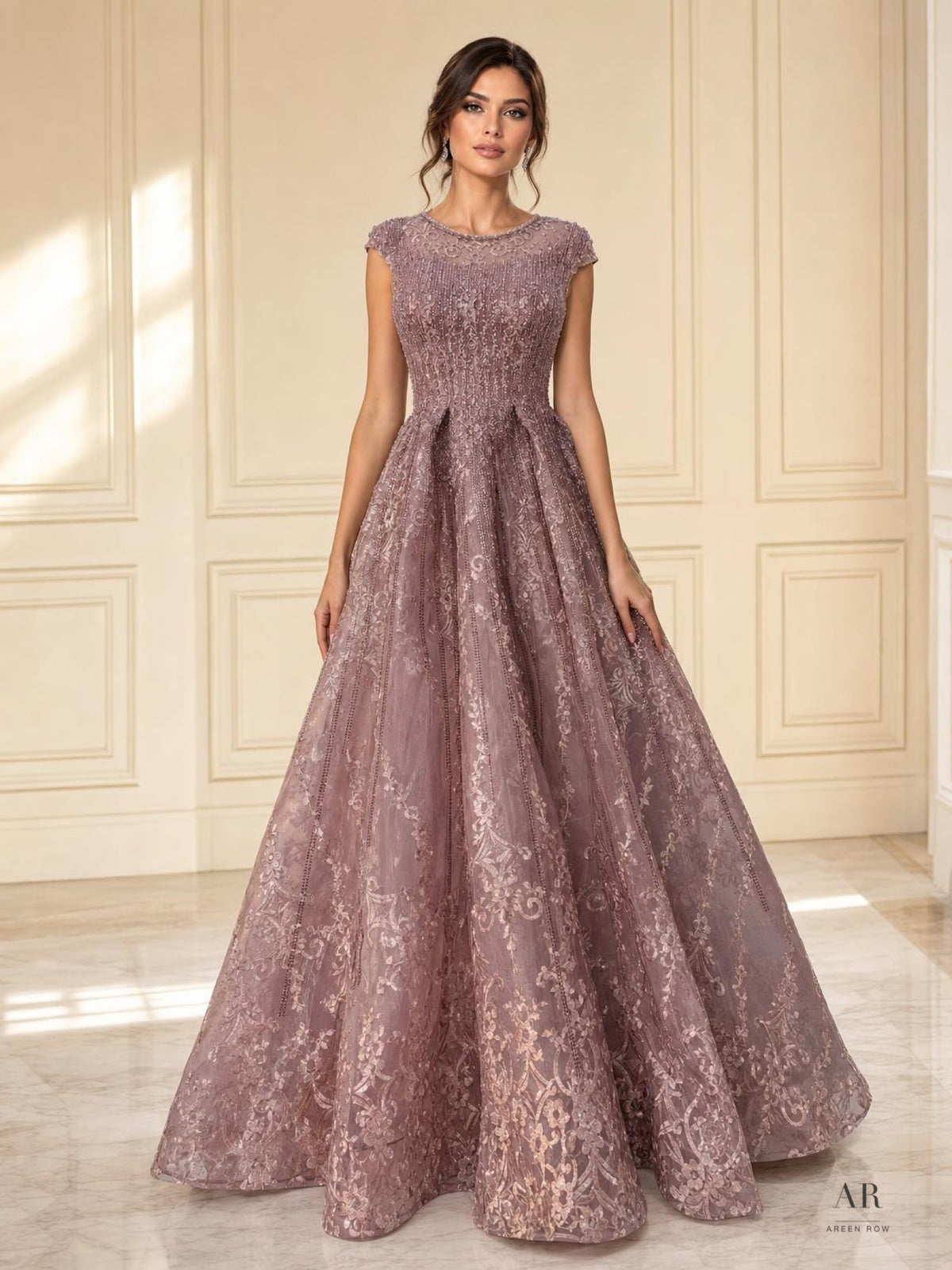 Leocadia dusty rose embellished cap sleeve evening gown by Areen Row