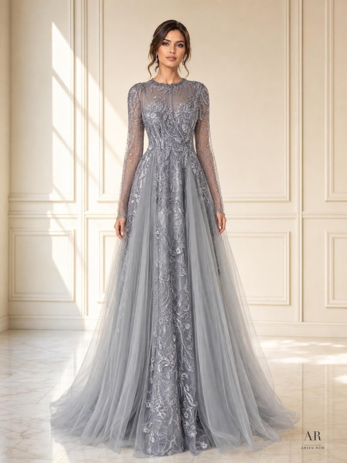 Leonie soft gray soft gray illusion beaded floral a-line evening gown by Areen Row