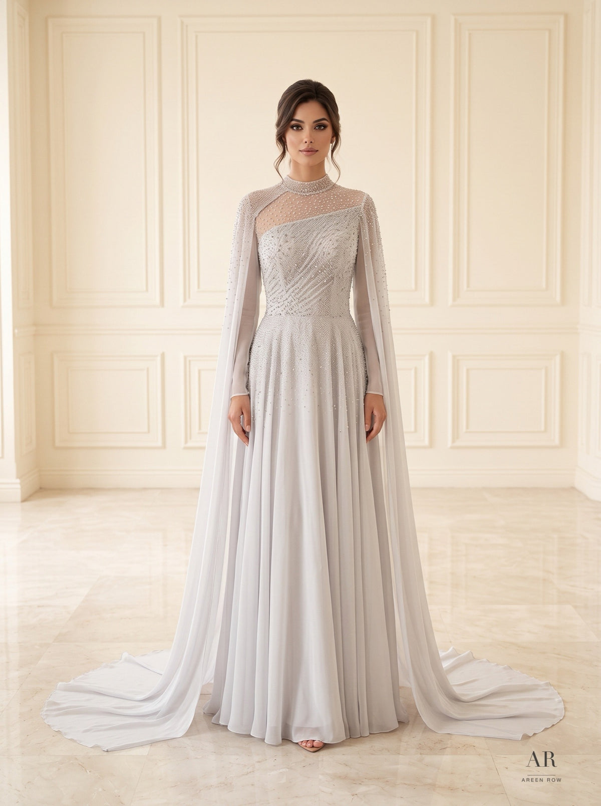 Leontine grey beaded illusion cape evening gown by Areen Row