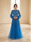 Liana geometric beaded puff-sleeve a-line evening gown by Areen Row, front view