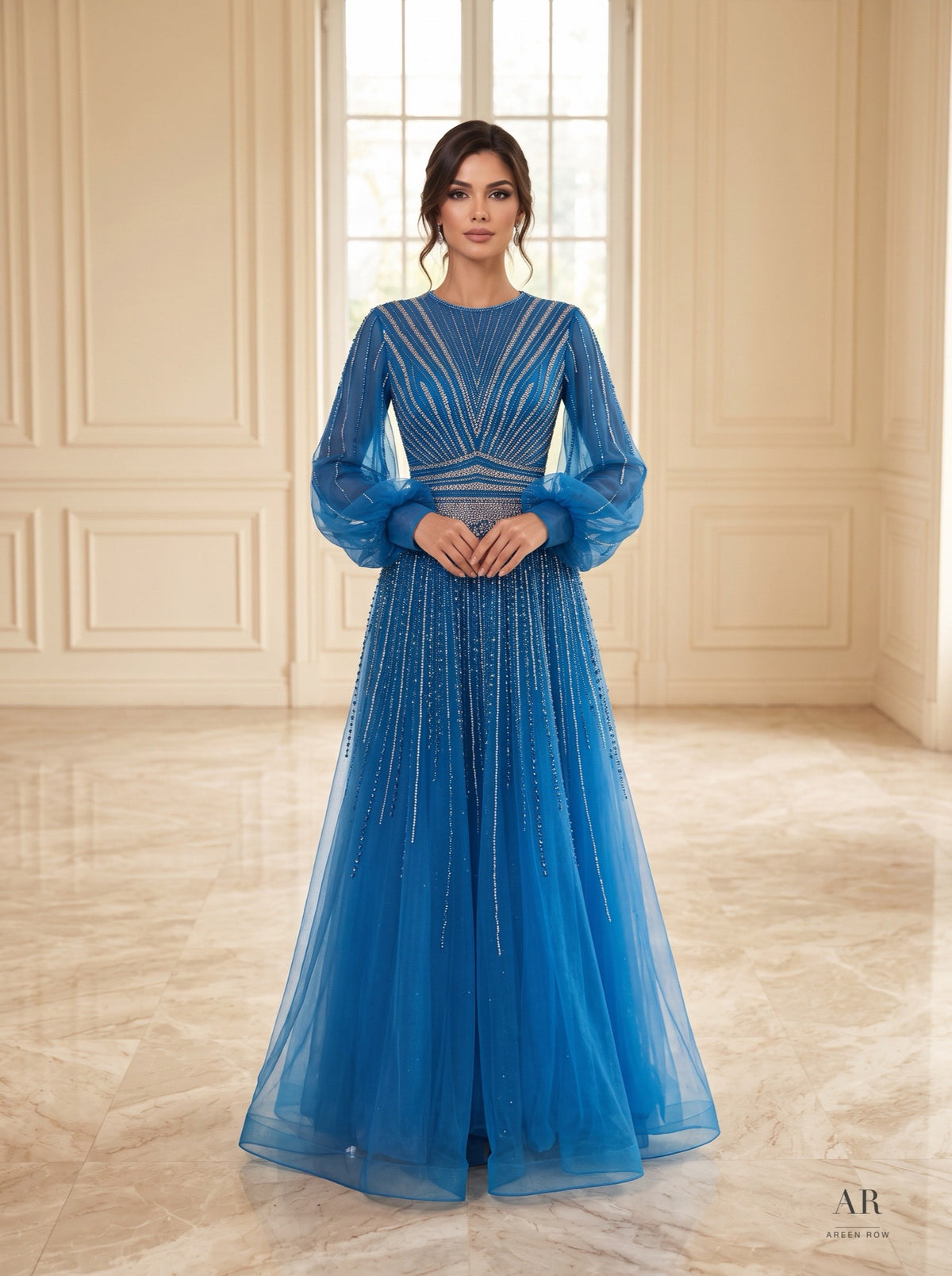 Liana geometric beaded puff-sleeve a-line evening gown by Areen Row, front view