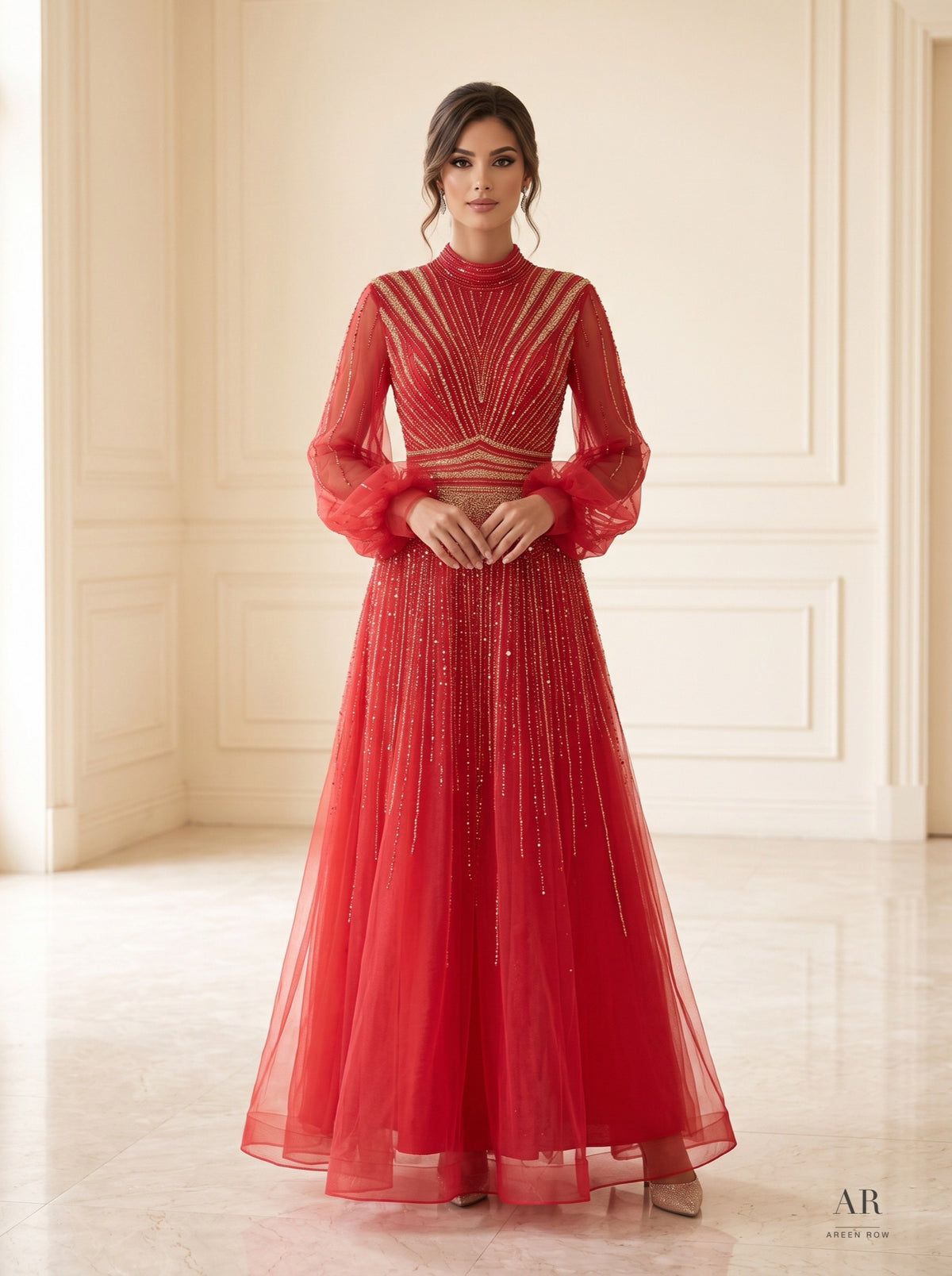 Liana geometric beaded puff-sleeve a-line evening gown by Areen Row, detail view