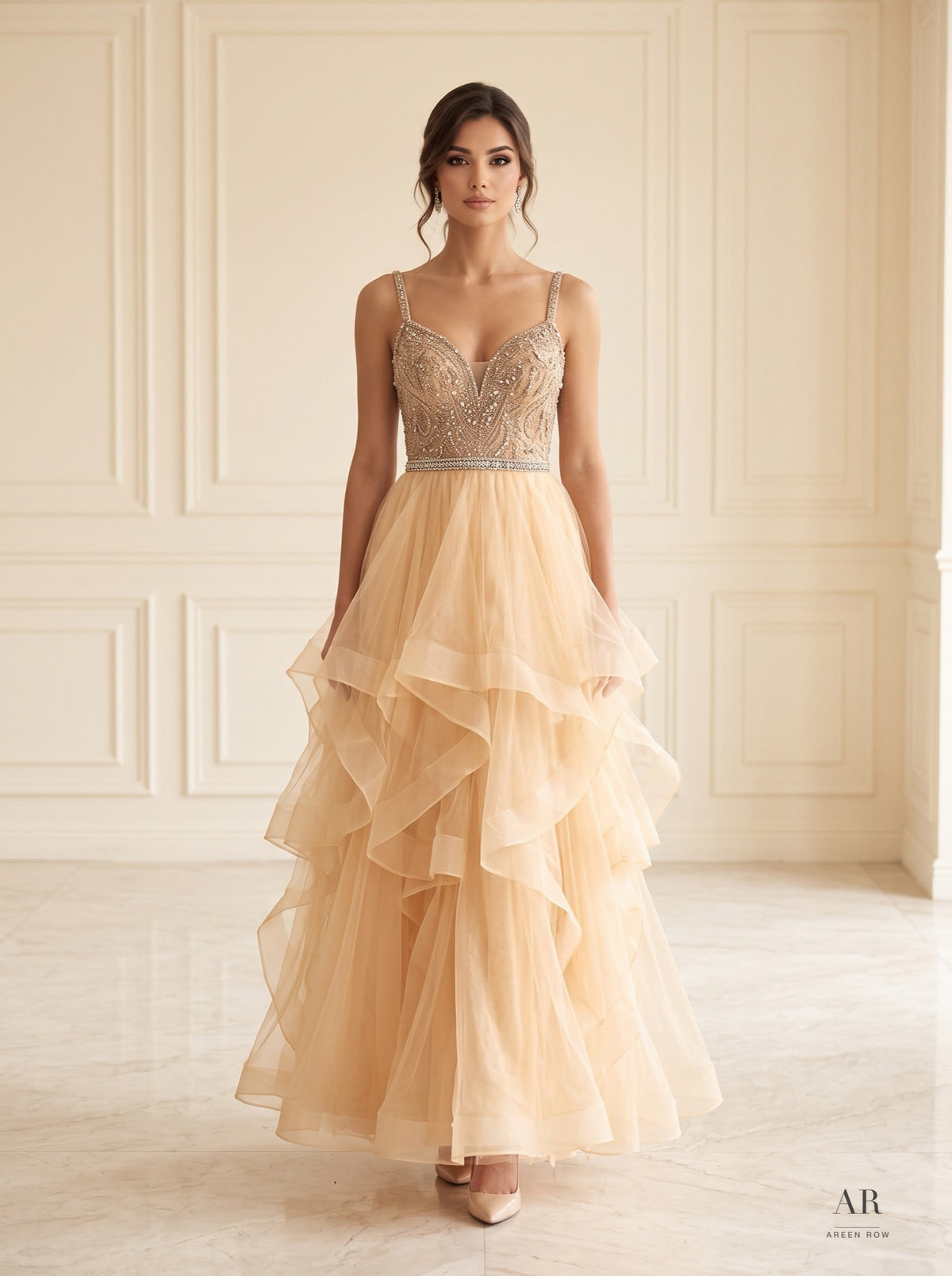 Lilou tiered ruffle sweetheart evening gown by Areen Row, front view