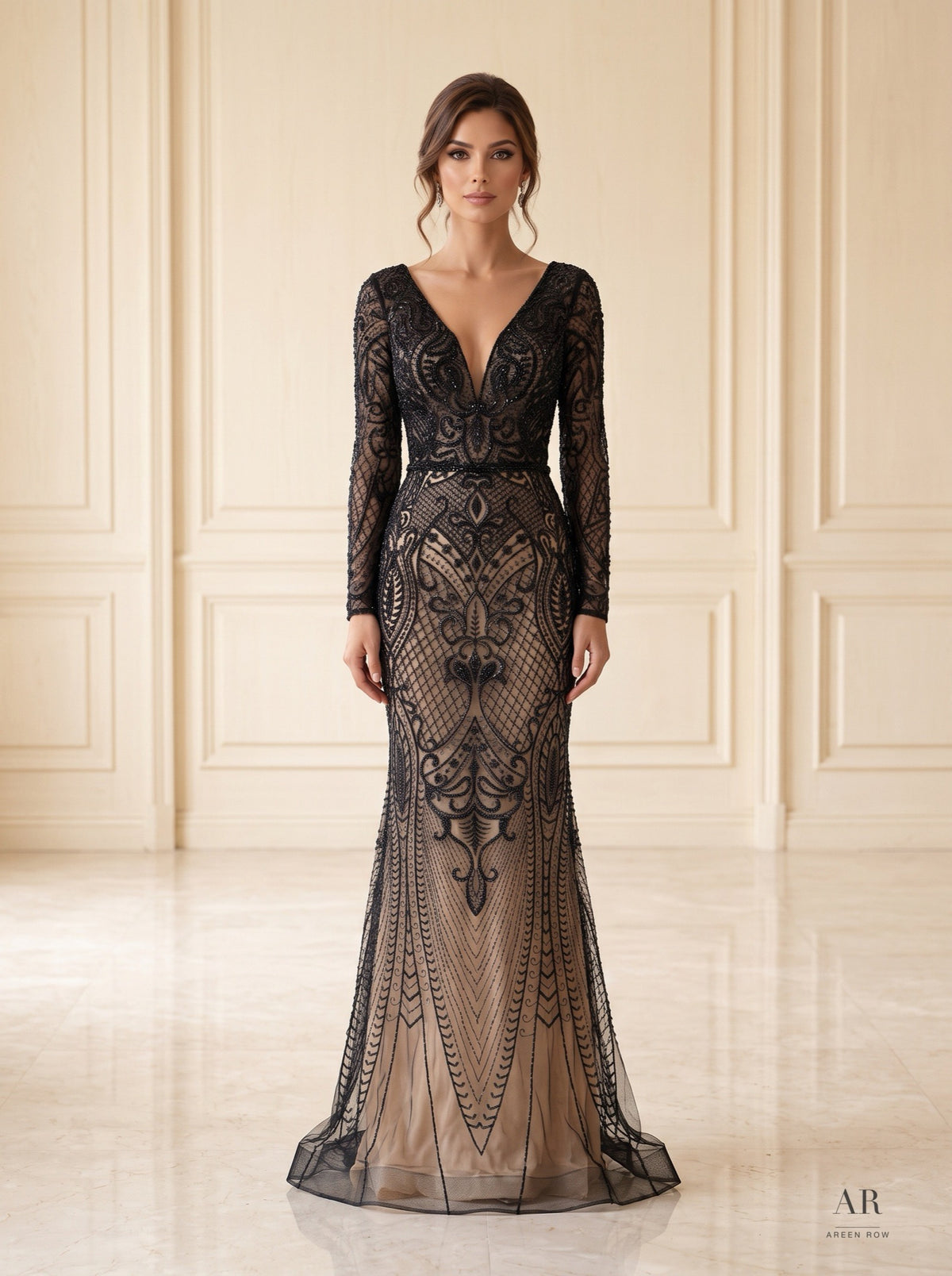 Linnea embroidered illusion-sleeve mermaid evening gown by Areen Row, front view