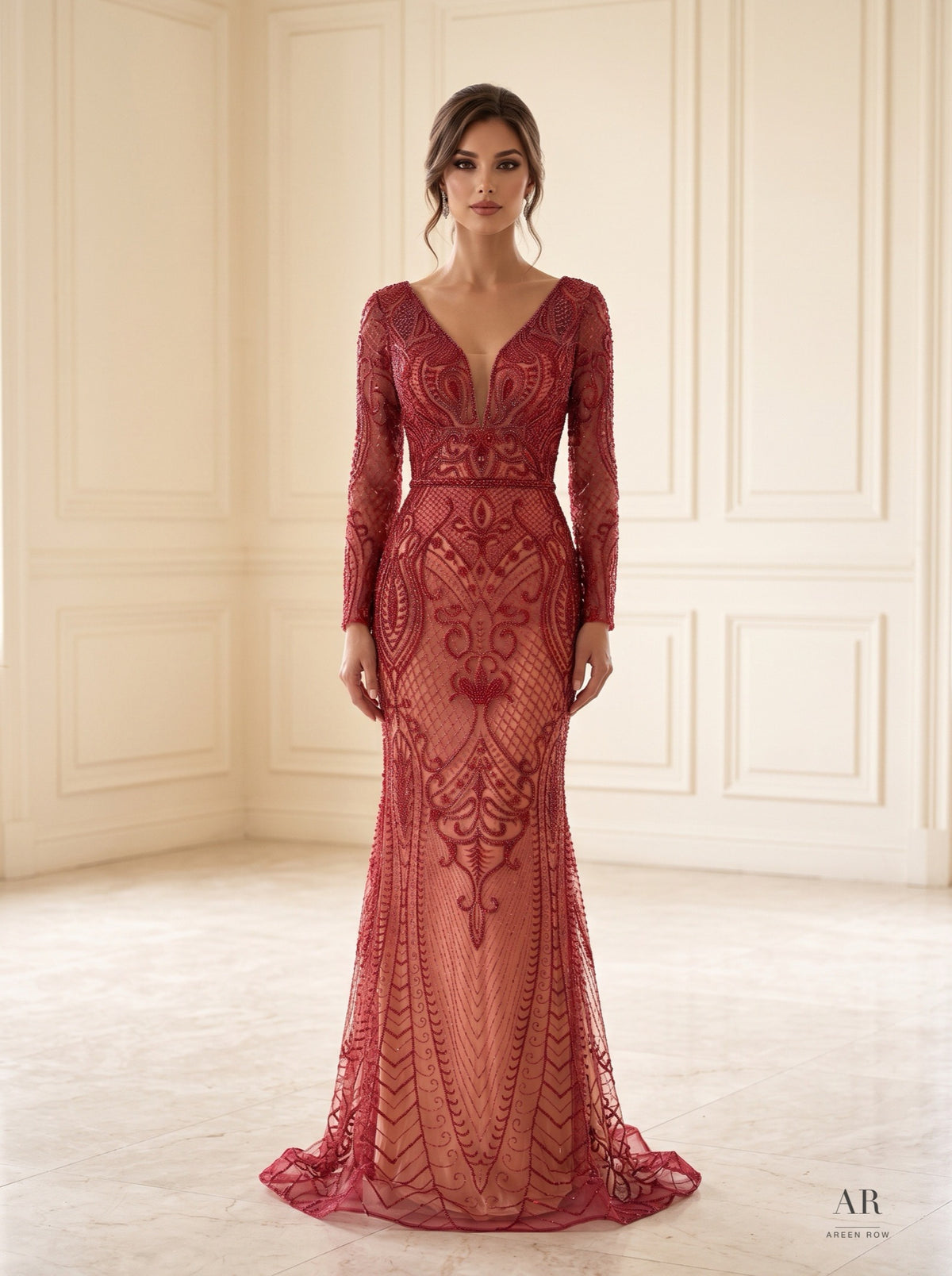 Linnea embroidered illusion-sleeve mermaid evening gown by Areen Row, detail view