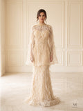 Lior feathered tulle capelet evening gown by Areen Row, front view