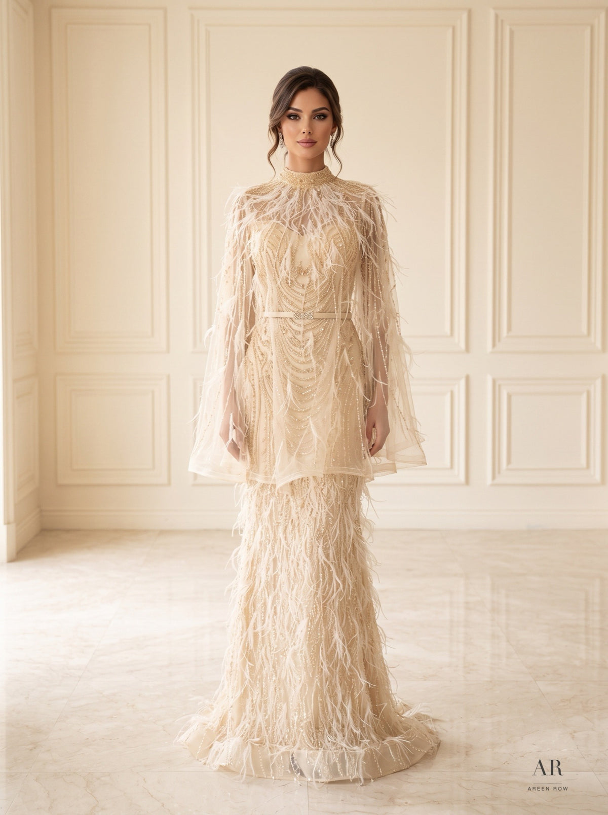 Lior feathered tulle capelet evening gown by Areen Row, front view