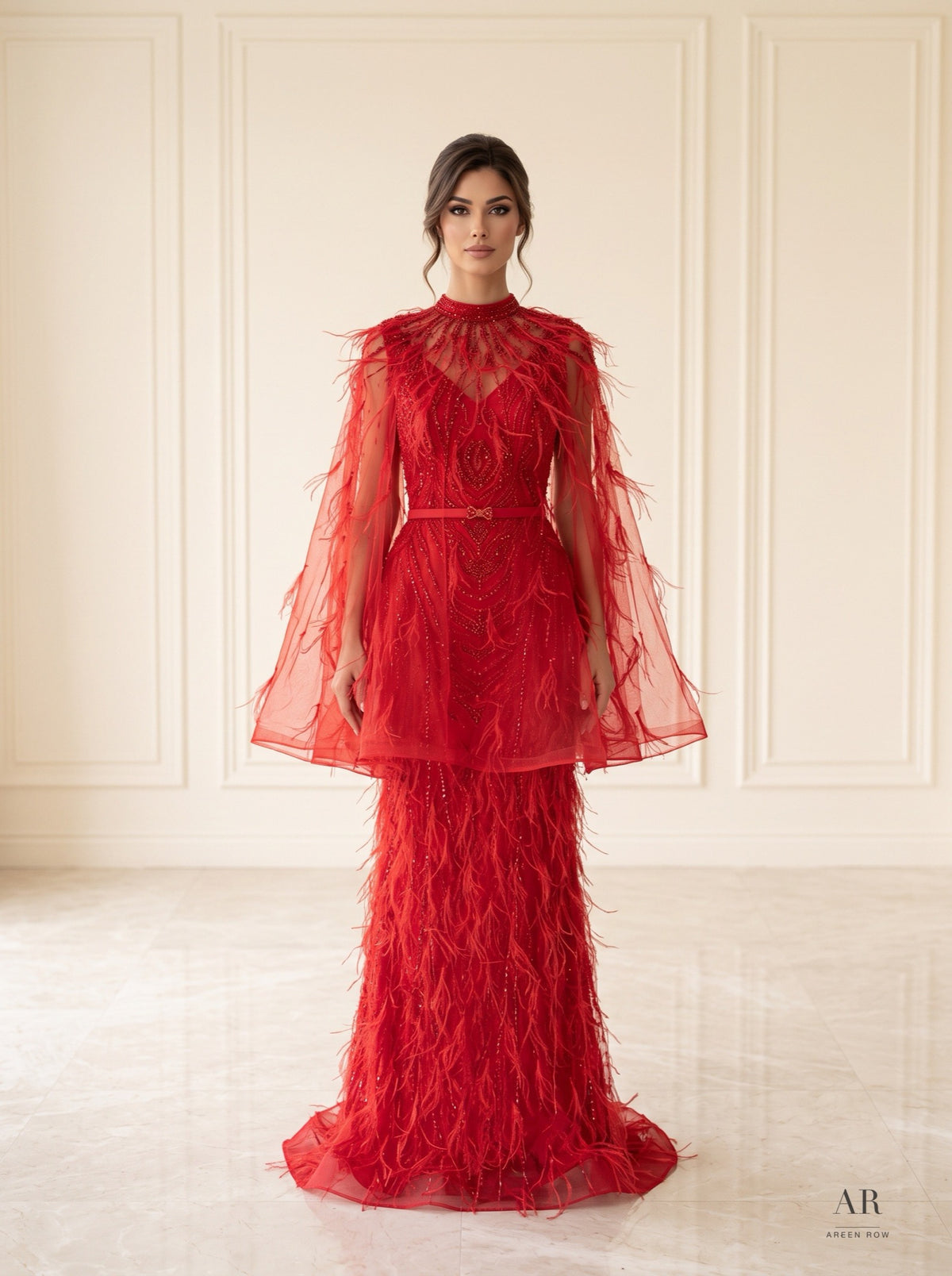 Lior feathered tulle capelet evening gown by Areen Row, detail view
