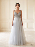 Lorelei shimmering beaded tulle a-line evening gown by Areen Row, front view