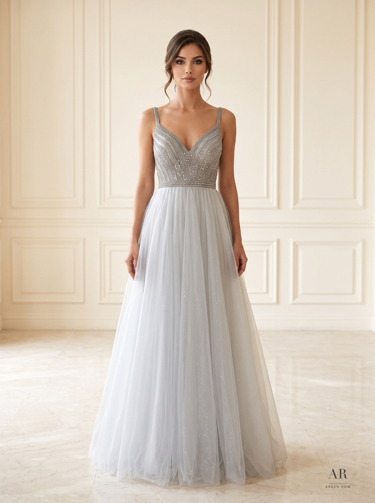 Lorelei shimmering beaded tulle a-line evening gown by Areen Row, front view