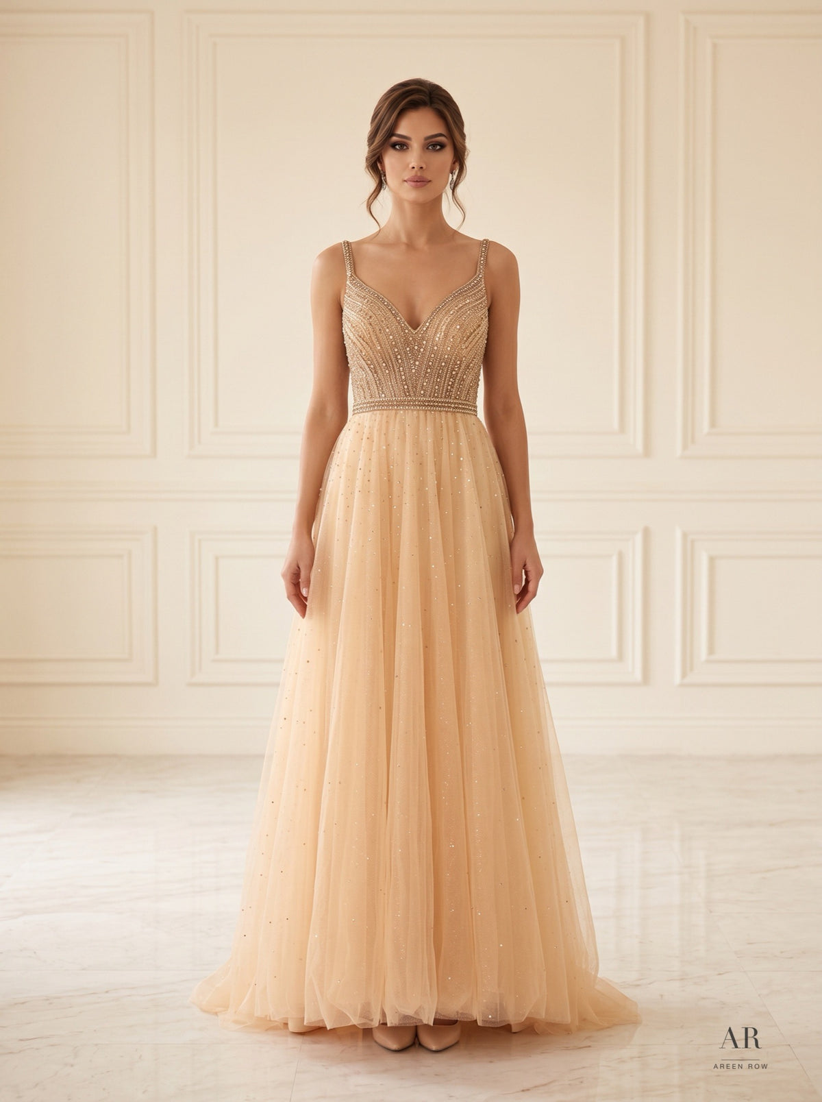 Lorelei shimmering beaded tulle a-line evening gown by Areen Row, detail view