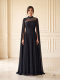 Luana beaded illusion a-line cape evening gown by Areen Row, front view