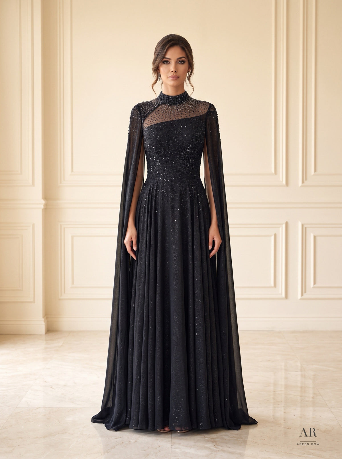 Luana beaded illusion a-line cape evening gown by Areen Row, front view