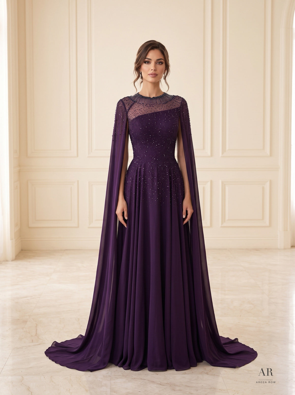 Luana beaded illusion a-line cape evening gown by Areen Row, detail view