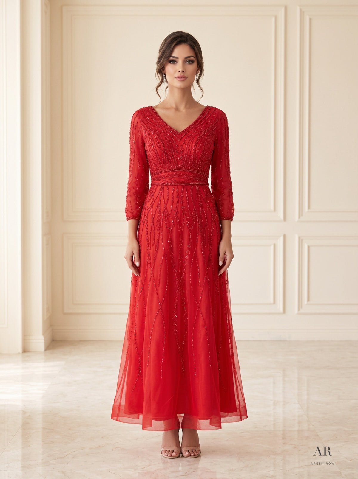 Lucia geometric sequin v-neck tulle midi evening gown by Areen Row, front view