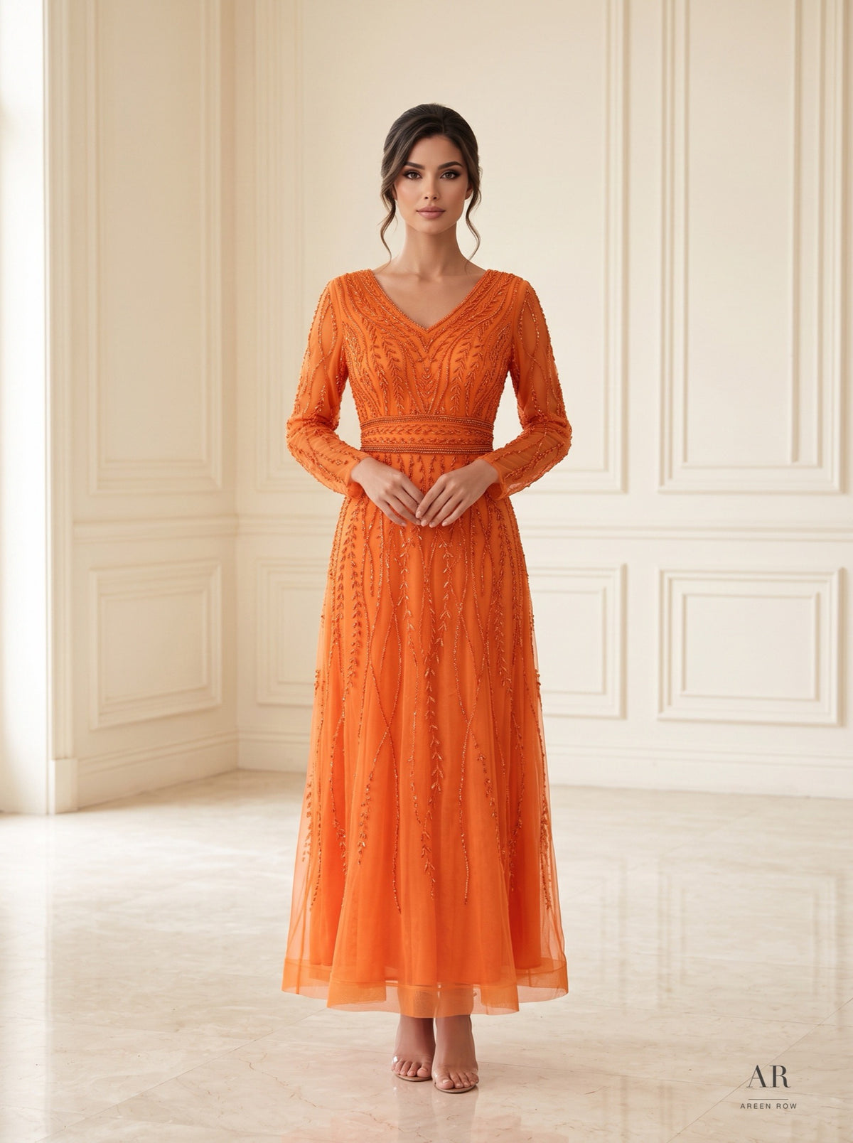 Lucia geometric sequin v-neck tulle midi evening gown by Areen Row, detail view