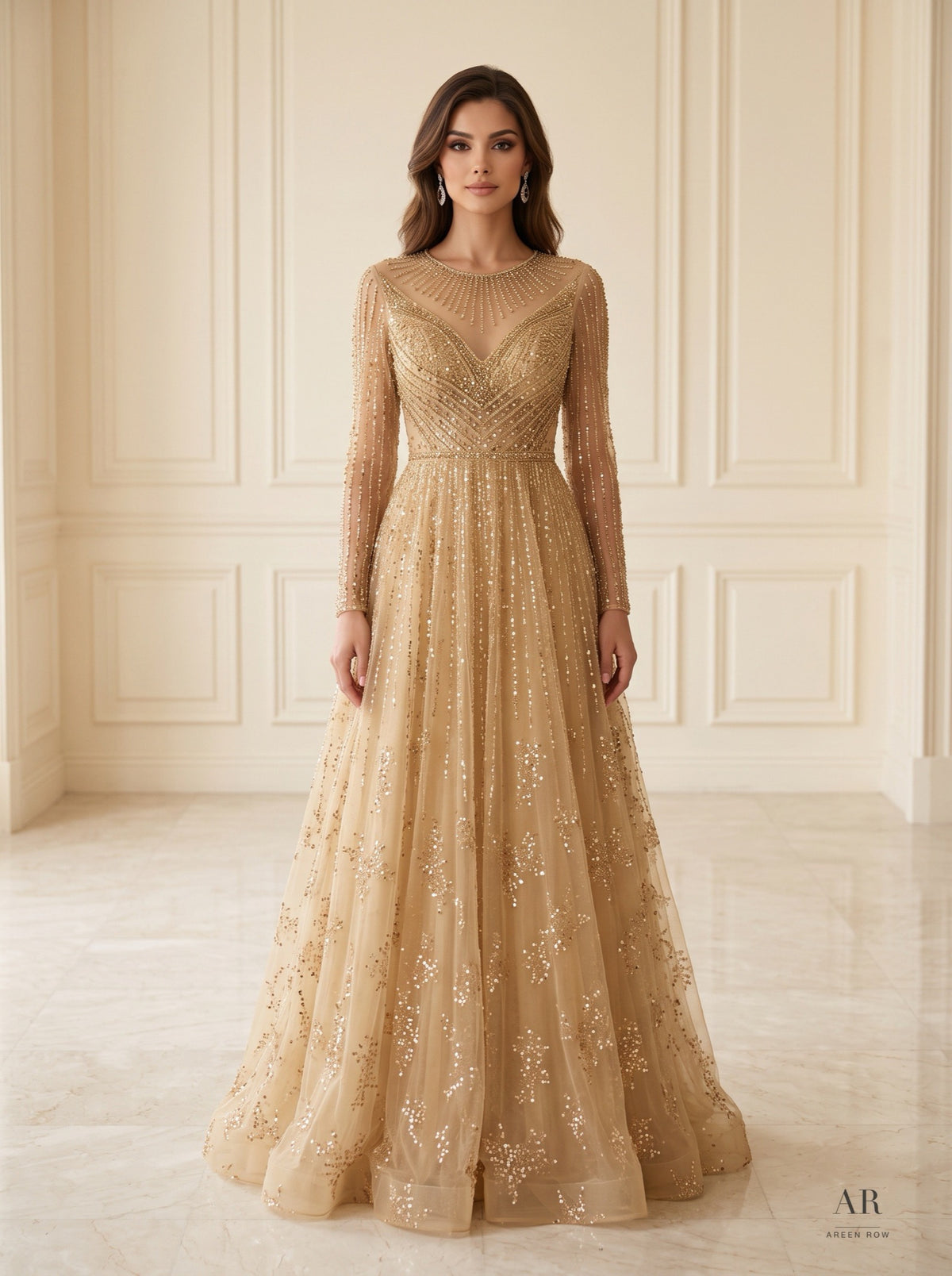Lucie gold beaded illusion a-line evening gown by Areen Row