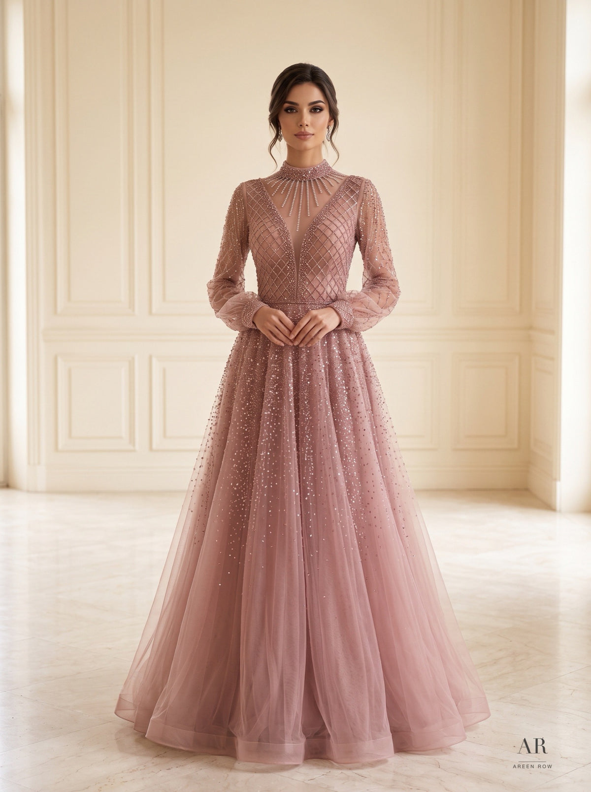 Ludmila beaded illusion a-line tulle evening gown by Areen Row, detail view