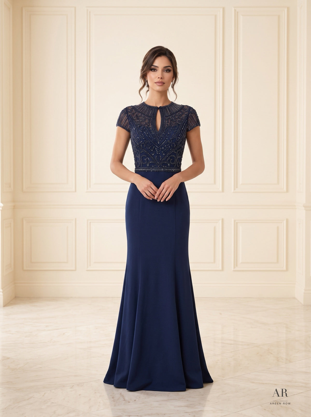 Lyra Dress beaded illusion keyhole trumpet evening gown by Areen Row, front view
