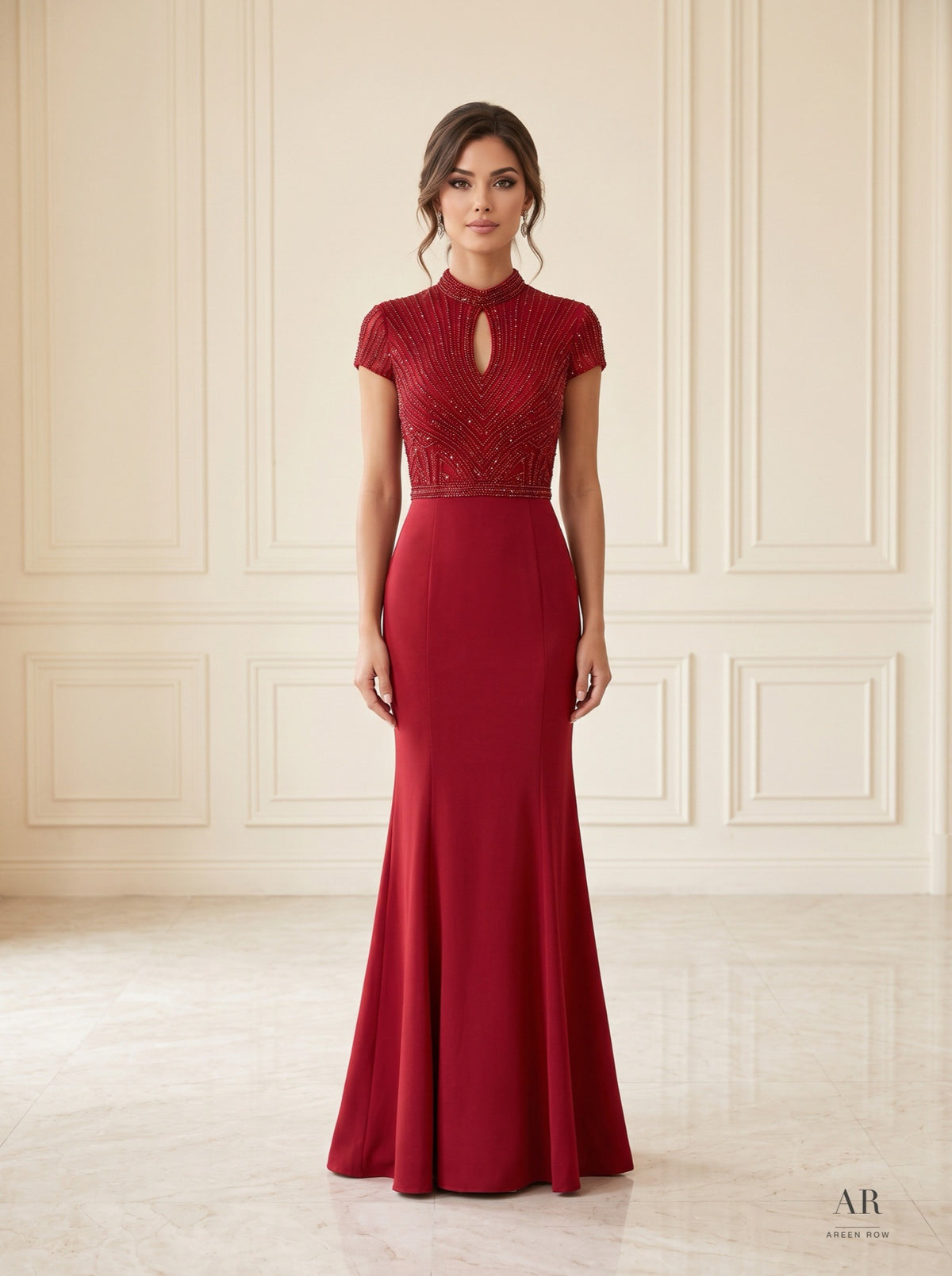 Lyra Dress beaded illusion keyhole trumpet evening gown by Areen Row, detail view