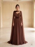 Madina floral applique a-line cape evening gown by Areen Row, front view