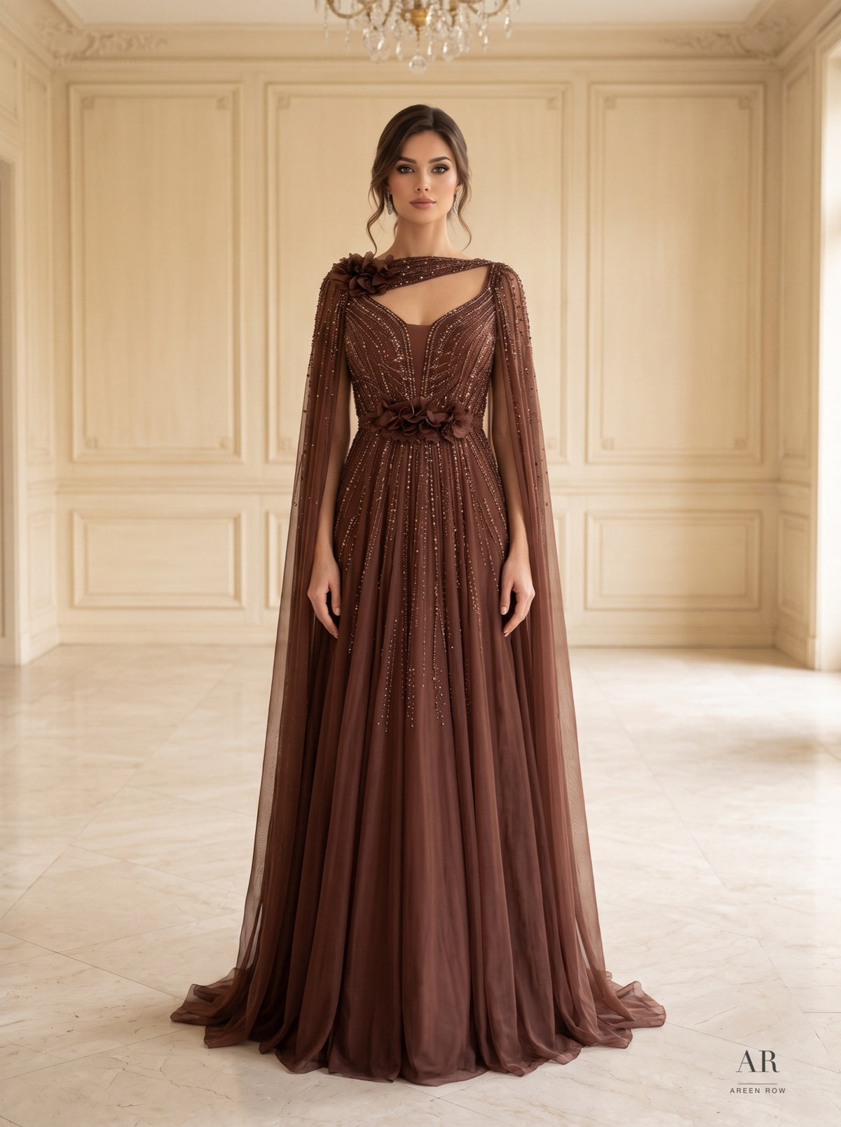 Madina floral applique a-line cape evening gown by Areen Row, front view