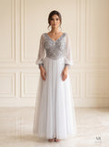 Maelle geometric beaded puff-sleeve a-line evening gown by Areen Row, front view