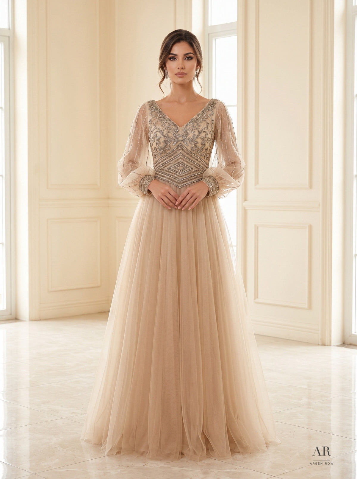 Maelle geometric beaded puff-sleeve a-line evening gown by Areen Row, detail view