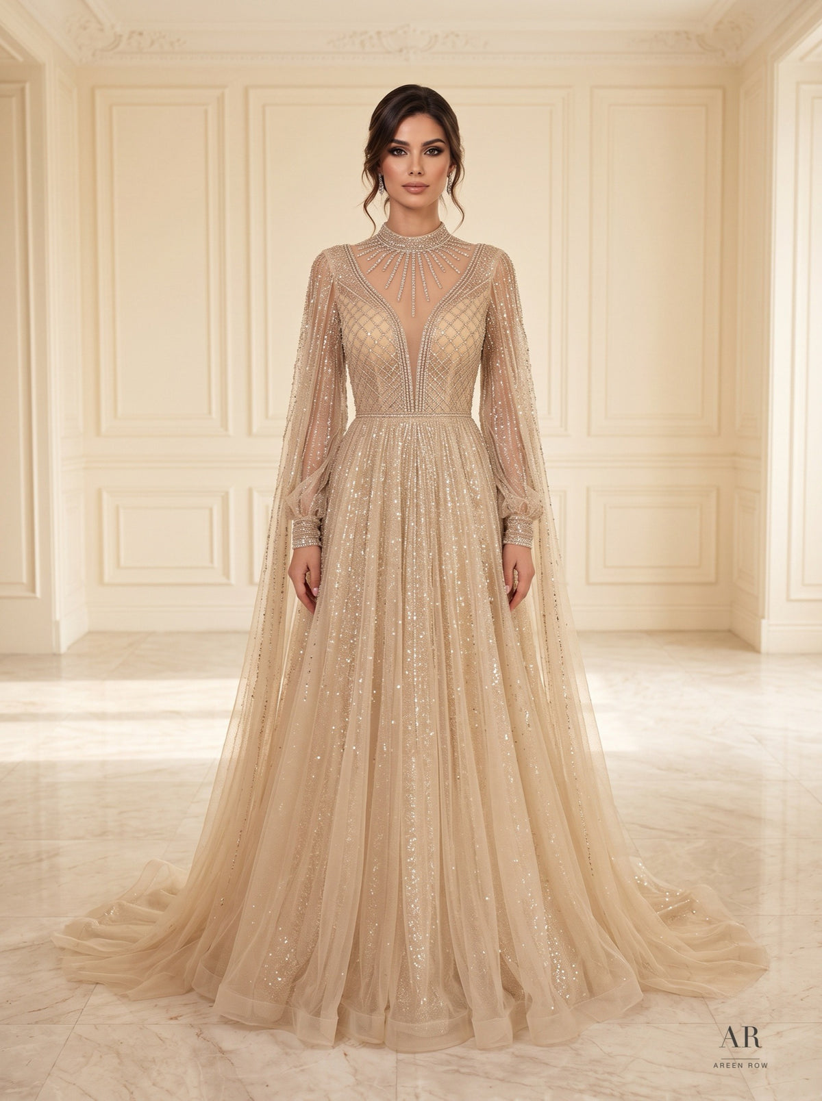 Magnolia champagne beaded illusion a-line cape evening gown by Areen Row