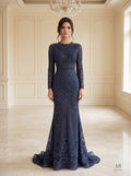 Maia geometric beaded trumpet evening gown by Areen Row, front view