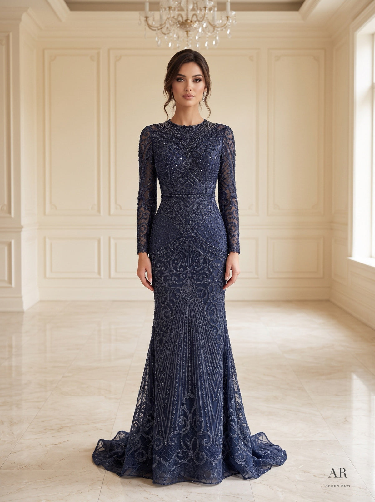 Maia geometric beaded trumpet evening gown by Areen Row, front view